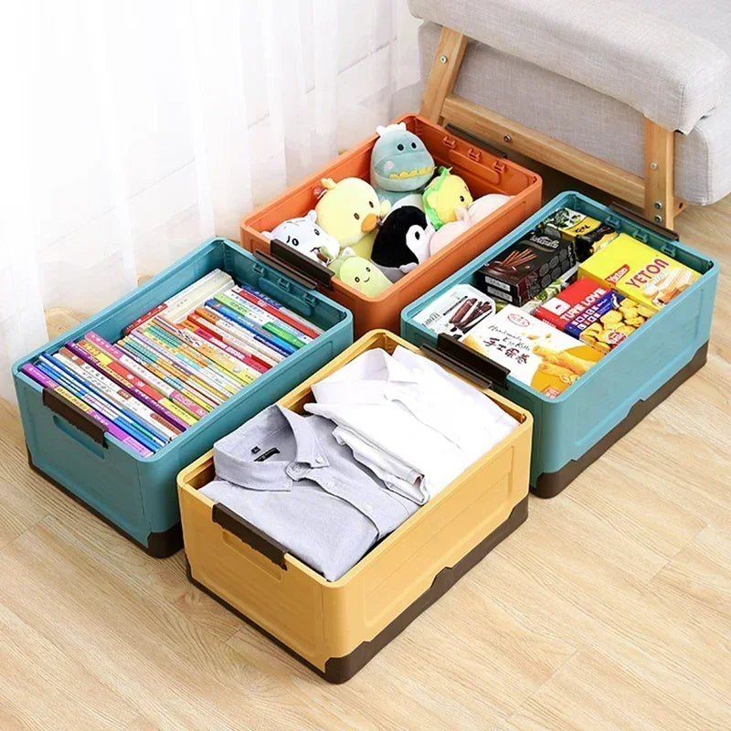 Stackable and foldable storage boxes for inside or outside use.