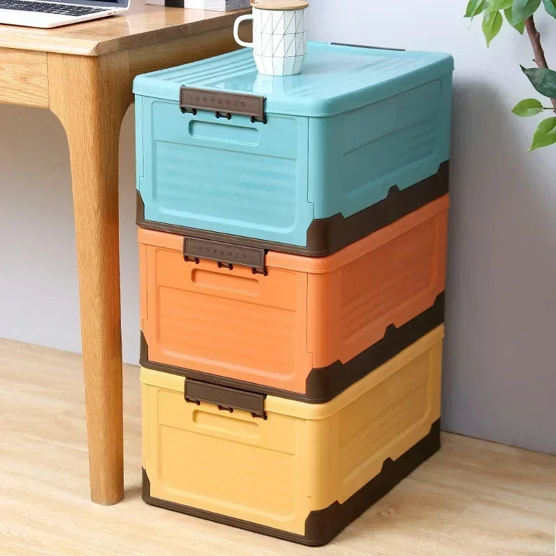 Stackable and foldable storage boxes for inside or outside use.