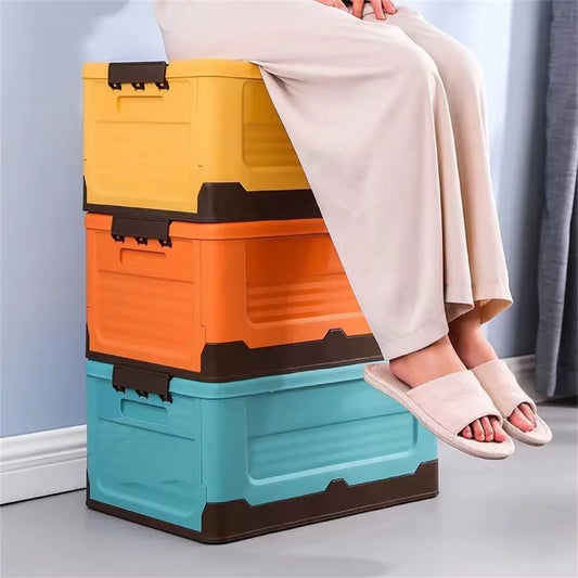 Stackable and foldable storage boxes for inside or outside use.