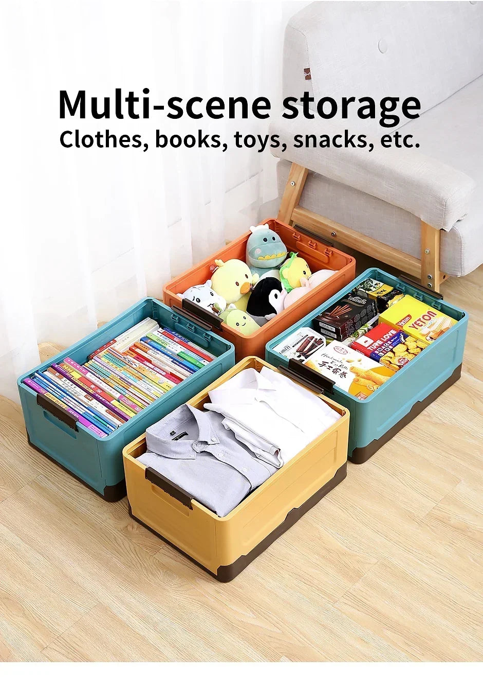 Stackable and foldable storage boxes for inside or outside use.