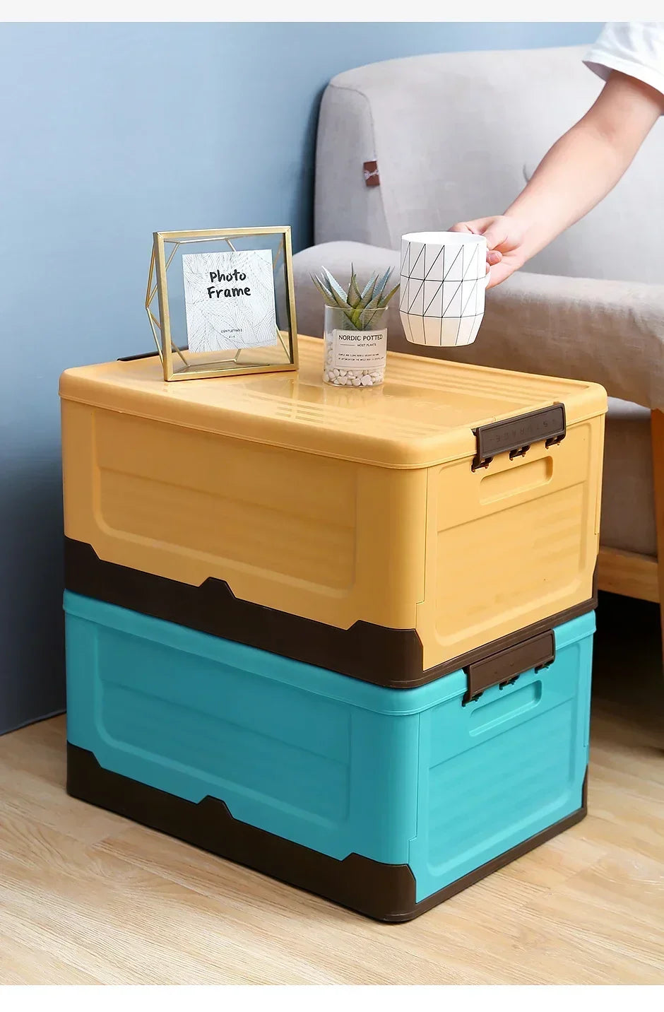 Stackable and foldable storage boxes for inside or outside use.