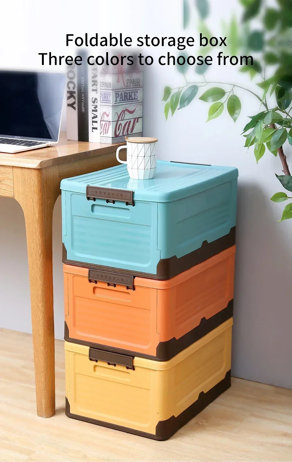 Stackable and foldable storage boxes for inside or outside use.