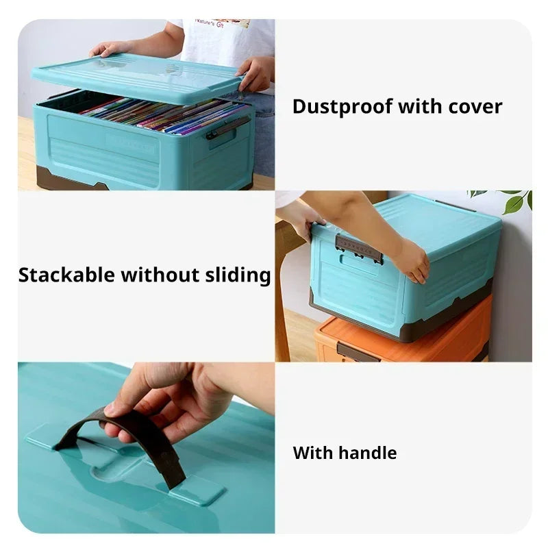 Stackable and foldable storage boxes for inside or outside use.